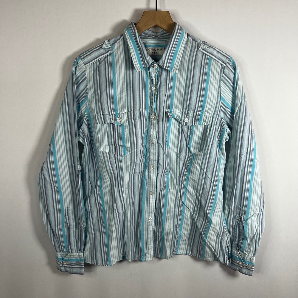 Vintage Covington Blouse Women 14 Blue Purple‎ Striped Cotton Button Down Shirt